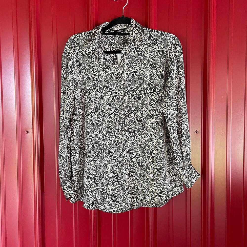 Zara Top Sz S Paisley Floral Allover Print Button Up Satin Career Business NEW